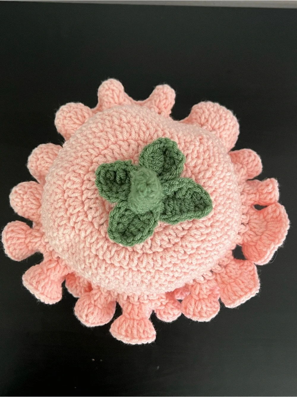 Handmade Pink Crochet Kids Hat with Green Stem